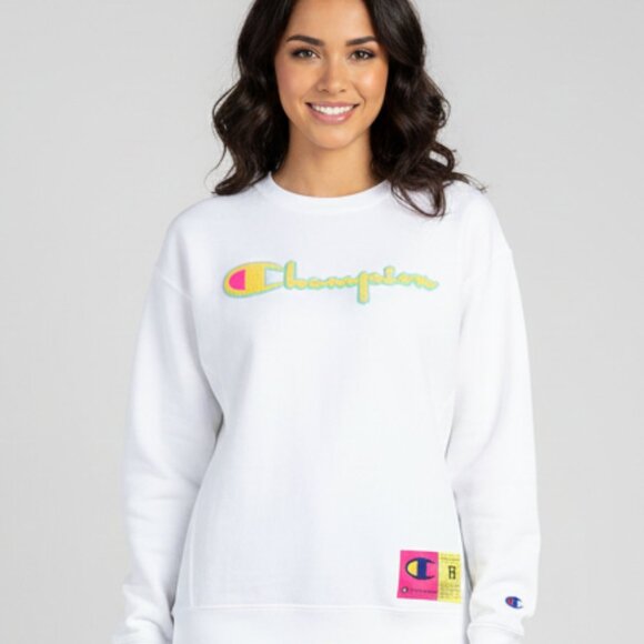 Vintage Champion Reverse Weave Sweatshirt | White | Rare Puffy Yellow Logo - Picture 1 of 12